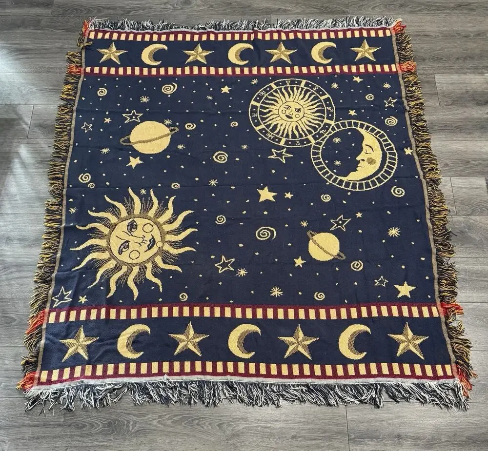 Vintage Crown Craft Celestial Sun Moon Stars Throw 90s Fringe